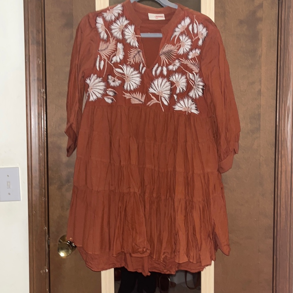 Beautiful embroidered rust colored dress size medium petite